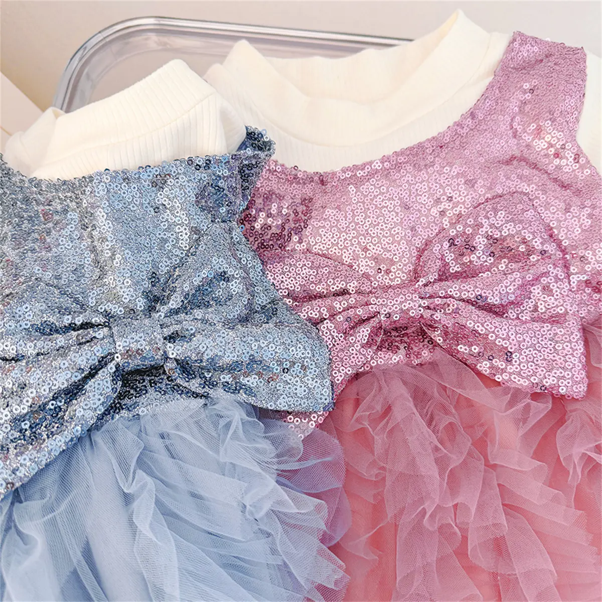 Birthday Dress Baby Girl Autumn New Long Sleeved Girl Dress Sweet Sequin Bow Mesh Imitation Two Pieces Baby Clothes