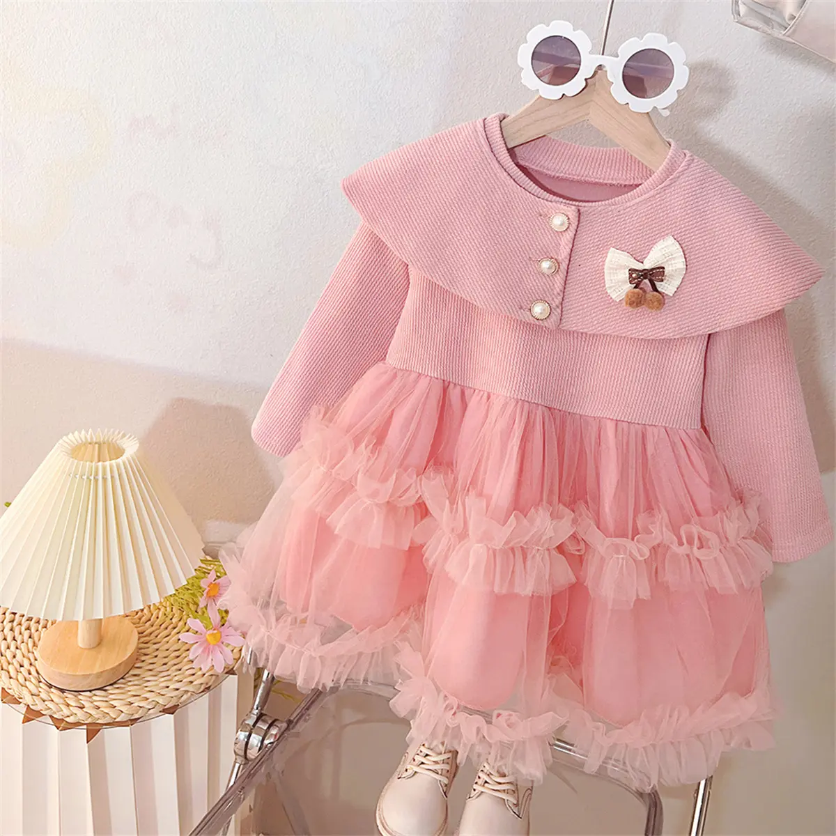 Toddler Dress Autumn New Long Sleeved Clothes Girl Mesh Solid Color Two Piece Set Buttons Sweet Bow Girls Dress
