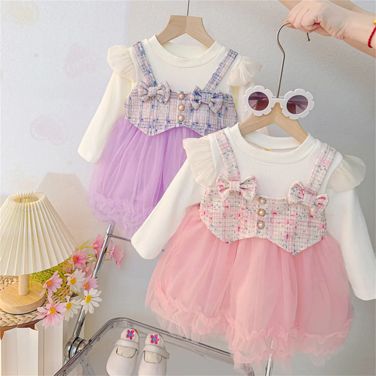 Costumes For Girls Autumn New Long Sleeved Baby Clothes Imitation Two Piece Checkered Sweet Bow Girls Dress