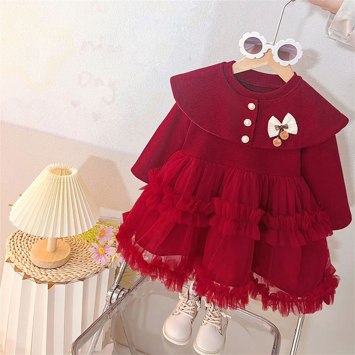 Toddler Dress Autumn New Long Sleeved Clothes Girl Mesh Solid Color Two Piece Set Buttons Sweet Bow Girls Dress