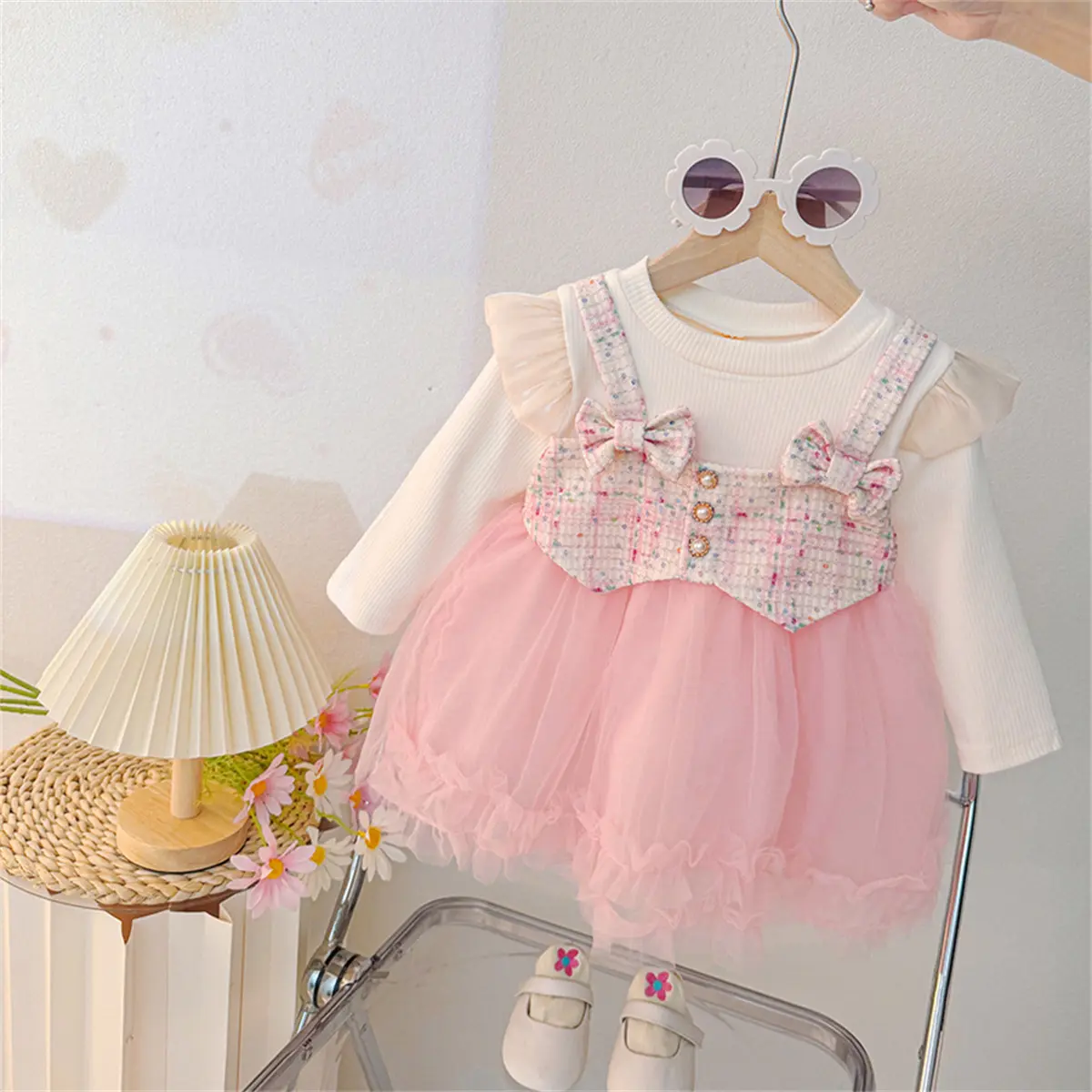 Costumes For Girls Autumn New Long Sleeved Baby Clothes Imitation Two Piece Checkered Sweet Bow Girls Dress