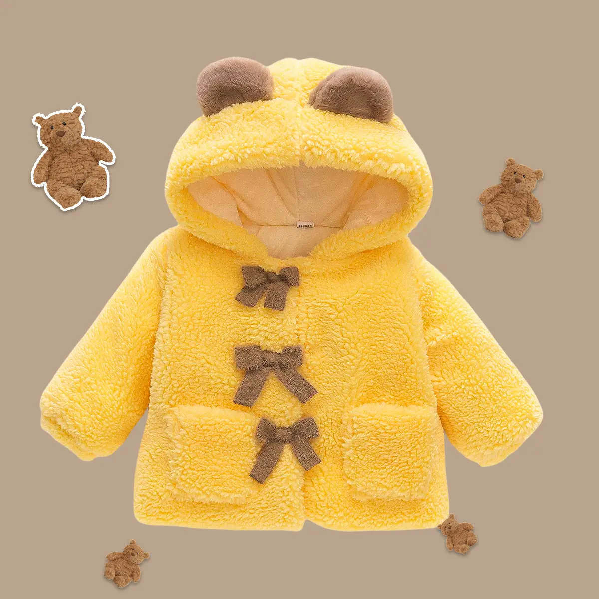 Winter Baby Cute Coat Children'S Artificial Fur Fleece Hooded Cartoon Clothing Children'S Warm Solid Color Little Bear Sweater