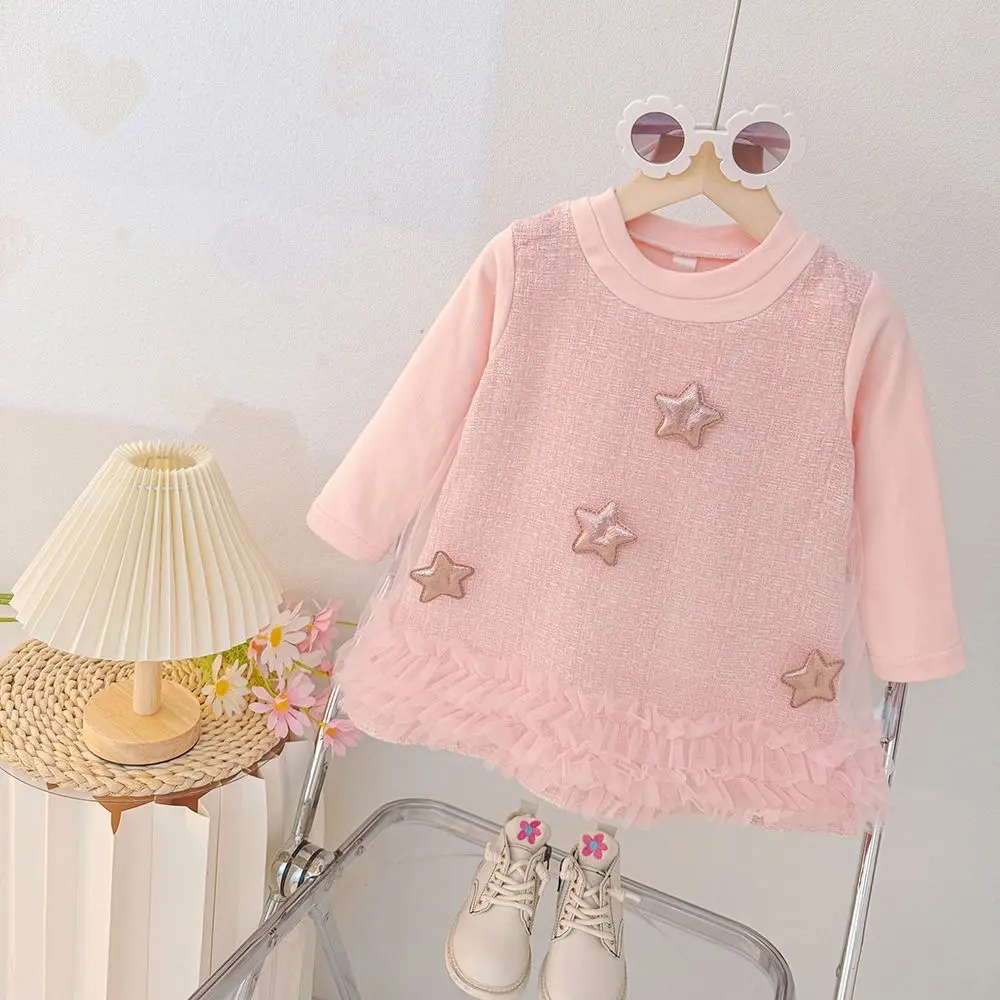 Toddler Dress Autumn New Long Sleeved Baby Girl Clothing Pink Plaid Pattern Mesh 3d Star Round Neck Clothes Girl