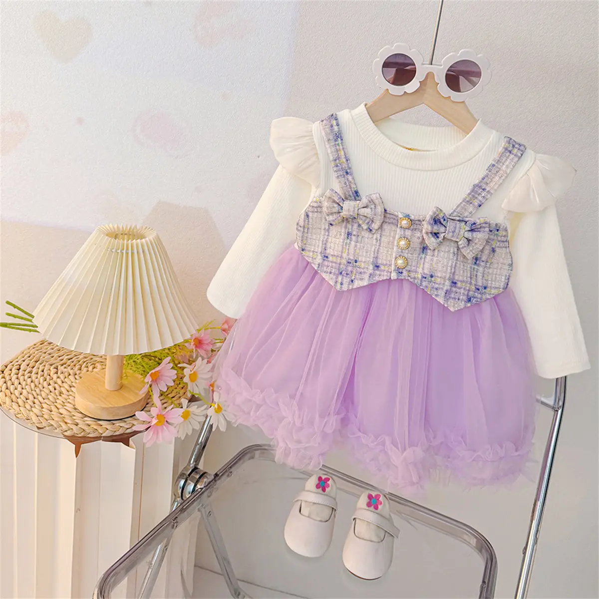 Costumes For Girls Autumn New Long Sleeved Baby Clothes Imitation Two Piece Checkered Sweet Bow Girls Dress