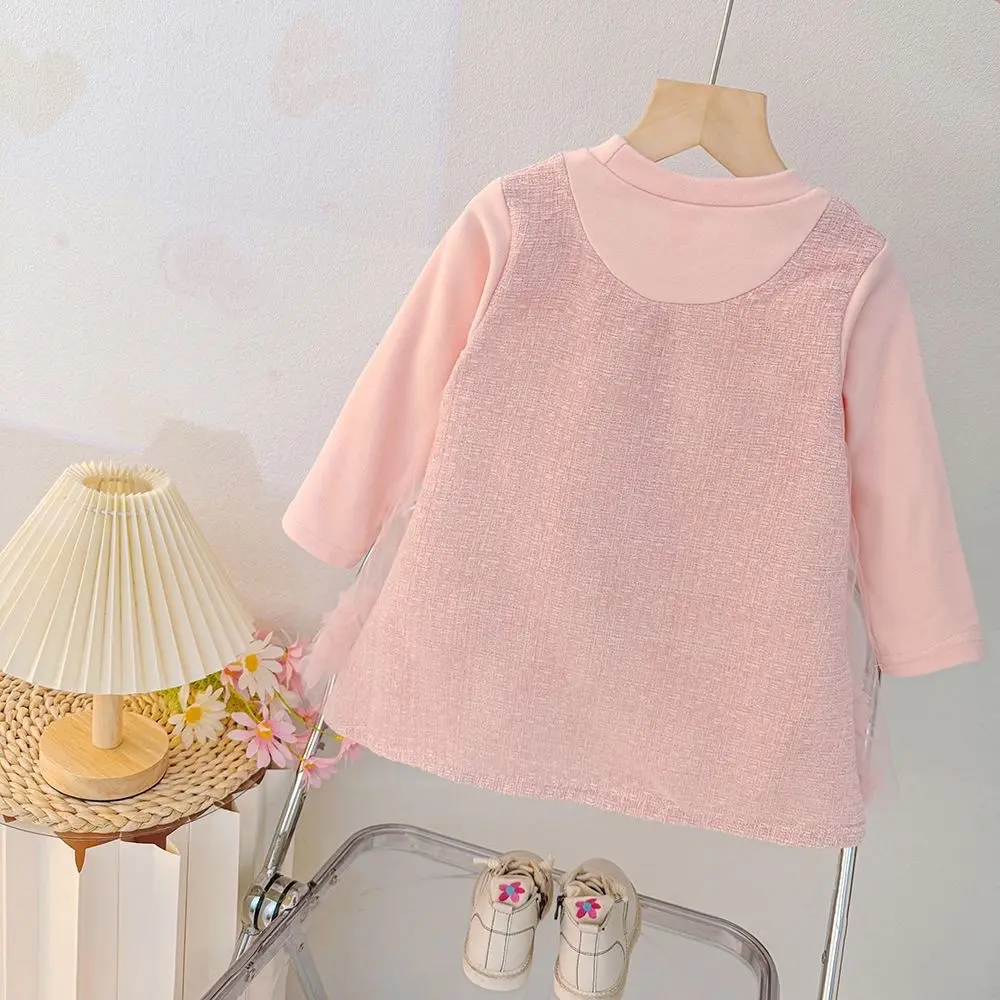 Toddler Dress Autumn New Long Sleeved Baby Girl Clothing Pink Plaid Pattern Mesh 3d Star Round Neck Clothes Girl