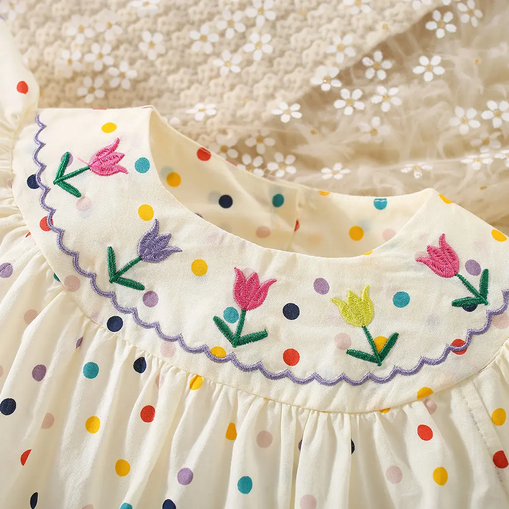 Summer baby girl jumpsuit with flower embroidery all over her body small dot print small flying sleeves and buttocks