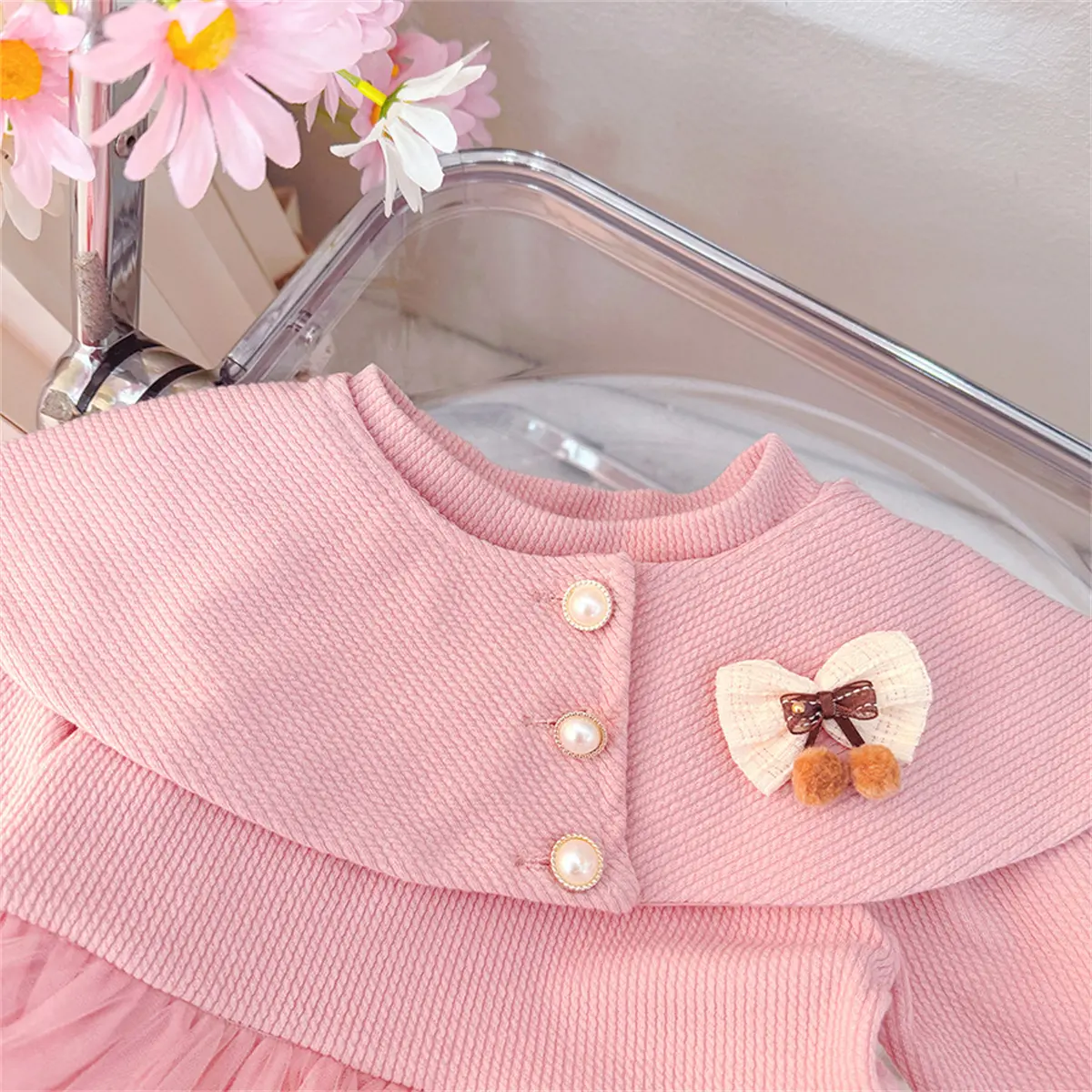 Toddler Dress Autumn New Long Sleeved Clothes Girl Mesh Solid Color Two Piece Set Buttons Sweet Bow Girls Dress