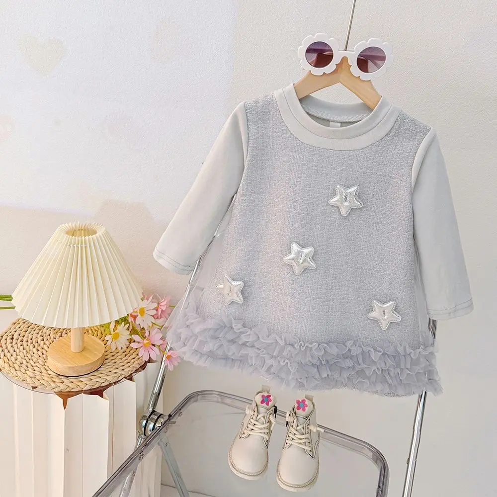 Toddler Dress Autumn New Long Sleeved Baby Girl Clothing Pink Plaid Pattern Mesh 3d Star Round Neck Clothes Girl