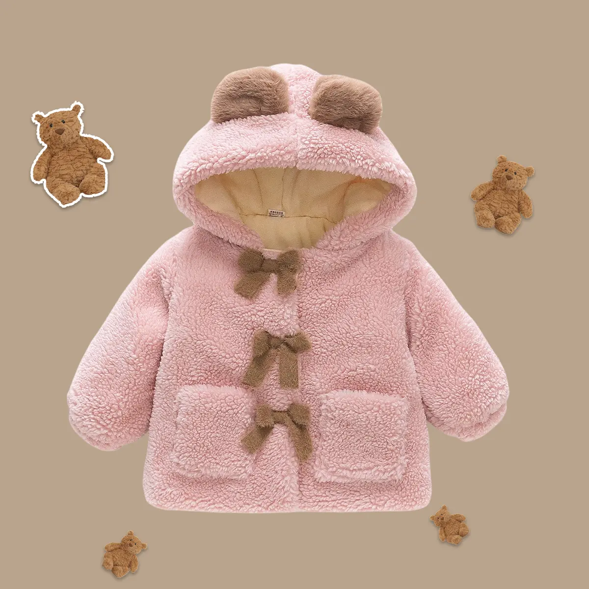 Winter Baby Cute Coat Children'S Artificial Fur Fleece Hooded Cartoon Clothing Children'S Warm Solid Color Little Bear Sweater