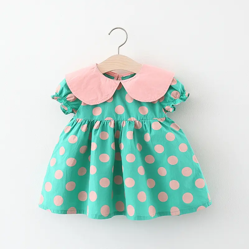 Summer baby girl dress baby girl color matching large lapel full of polka dot bubble sleeves princess dress