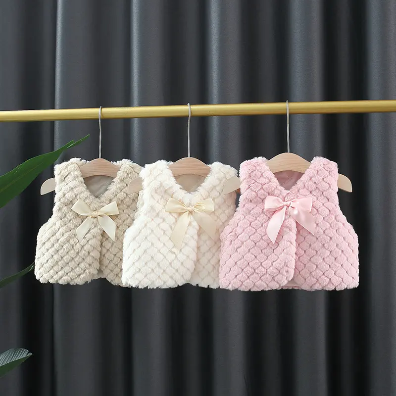 Autumn and winter girls' fur vest children's solid color big bow artificial fur leather jacket thin cotton vest