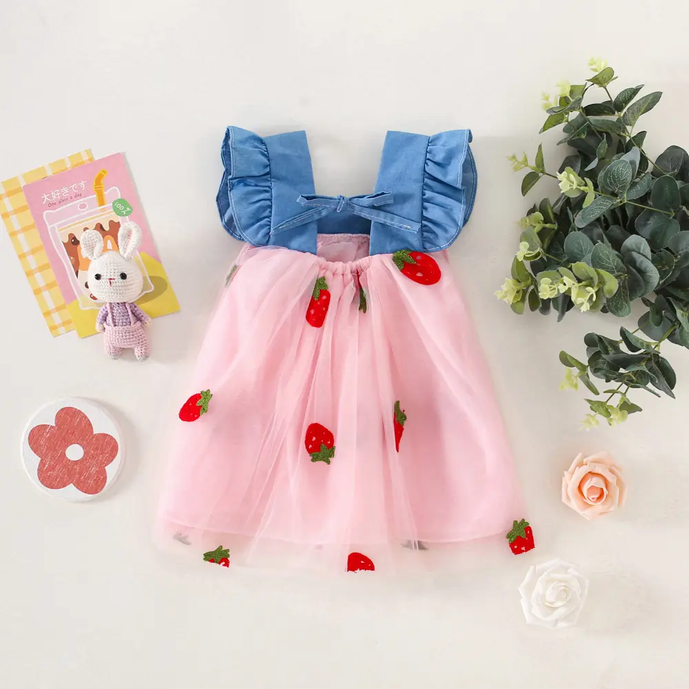 Party Girl Dress Summer Girl Little Flying Sleeve Cowboy Strawberry Embroidered Mesh Cute Sweet Princess Dress