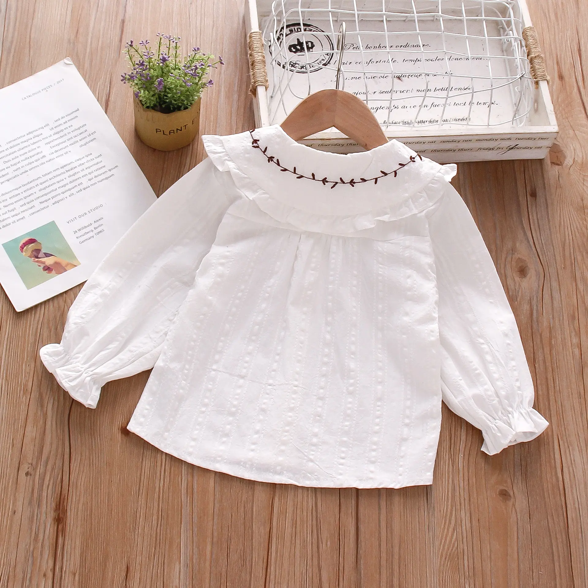Girls Long Sleeve Shirt Big Lapel Ruffle Embroidered Shirt