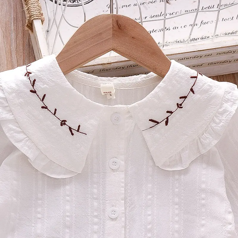 Girls Long Sleeve Shirt Big Lapel Ruffle Embroidered Shirt