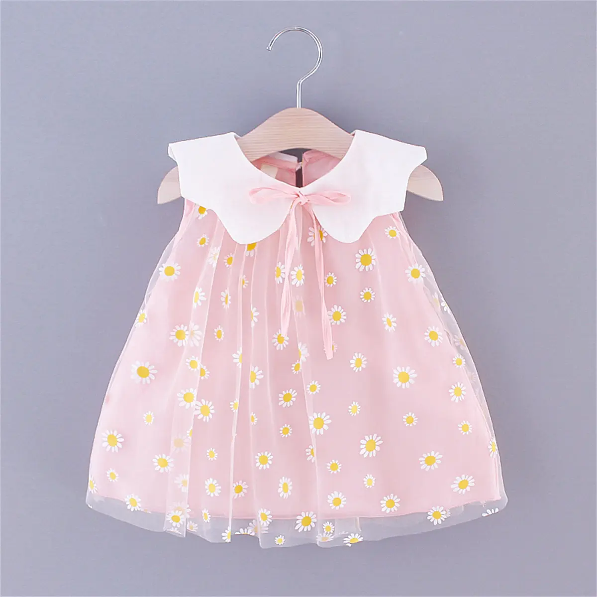 Summer Girl'S Mesh Sleeveless Princess Dress Sweet Big Neck Bowtie Little Daisy Fairy Skirt