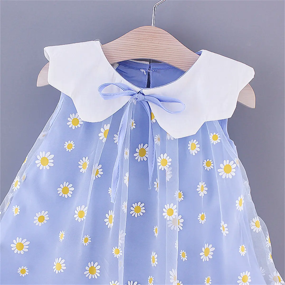 Summer Girl'S Mesh Sleeveless Princess Dress Sweet Big Neck Bowtie Little Daisy Fairy Skirt