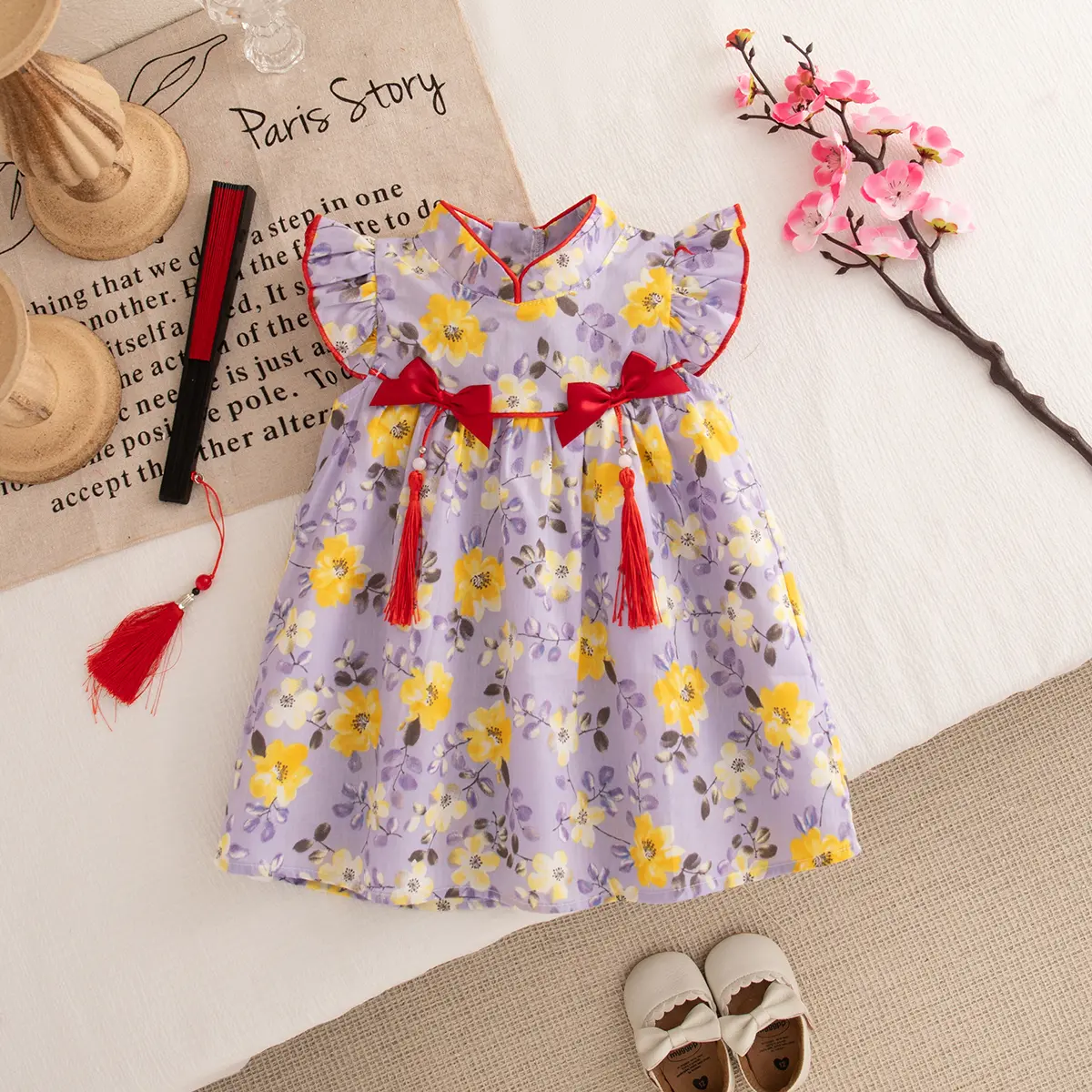 New Baby Clothes Girl Summer New Chinese Bow Cute Girl Cheongsam Baby Birthday Dress Lightweight Cotton Girls Dress