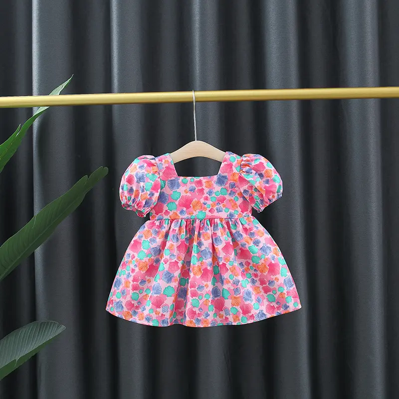 Girls' Summer Bubble Sleeve Dress Children's Small Square Neck Cute Big Butterfly Random Printed Princess Dress