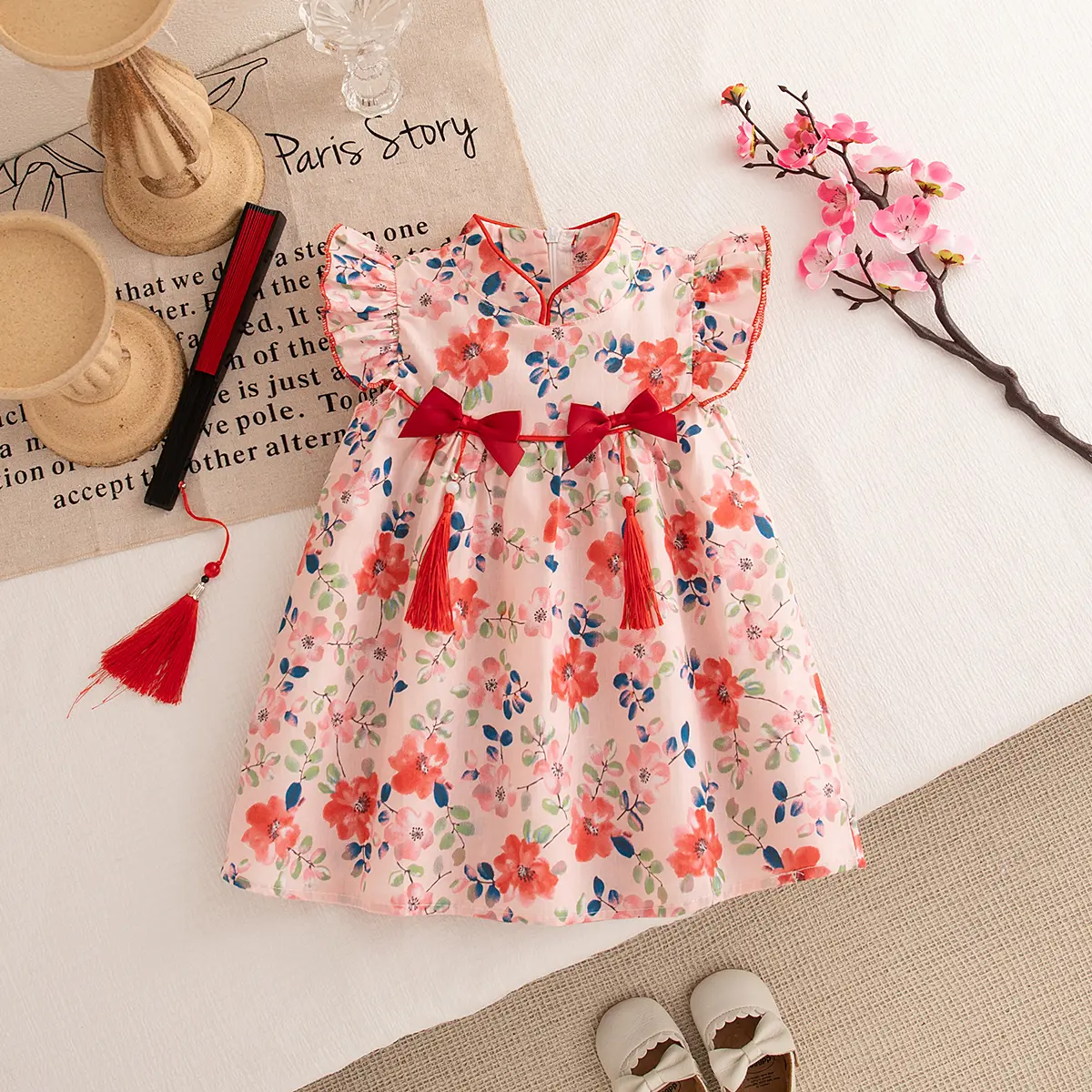 New Baby Clothes Girl Summer New Chinese Bow Cute Girl Cheongsam Baby Birthday Dress Lightweight Cotton Girls Dress