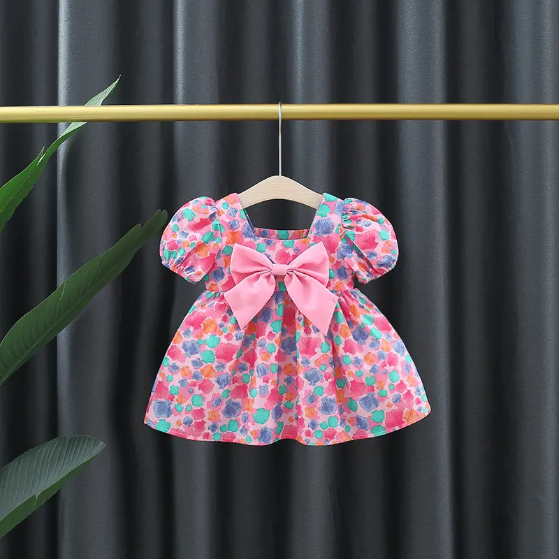 Girls' Summer Bubble Sleeve Dress Children's Small Square Neck Cute Big Butterfly Random Printed Princess Dress