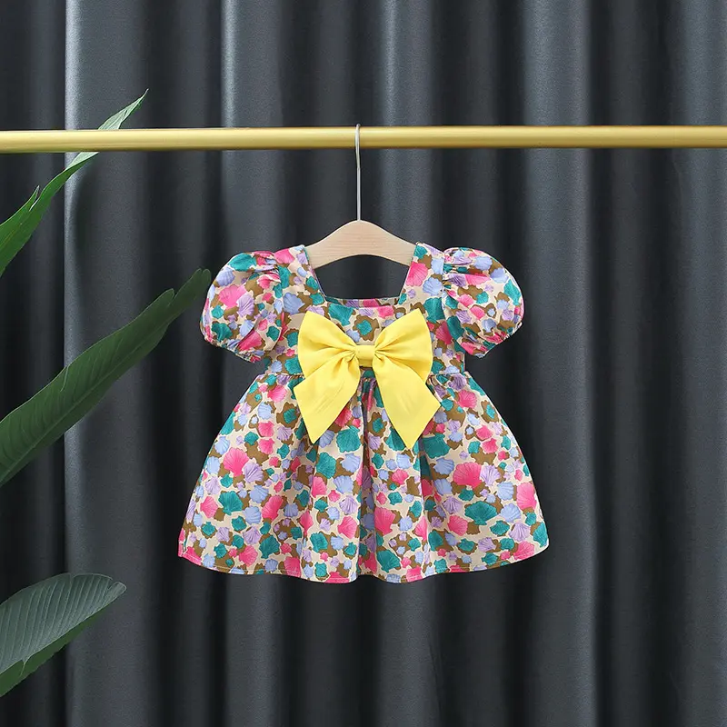 Girls' Summer Bubble Sleeve Dress Children's Small Square Neck Cute Big Butterfly Random Printed Princess Dress