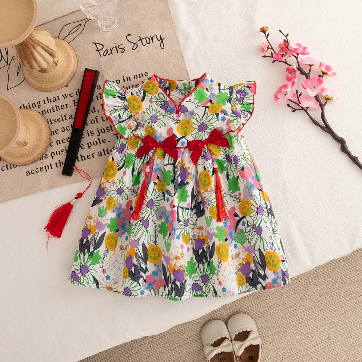 New Baby Clothes Girl Summer New Chinese Bow Cute Girl Cheongsam Baby Birthday Dress Lightweight Cotton Girls Dress