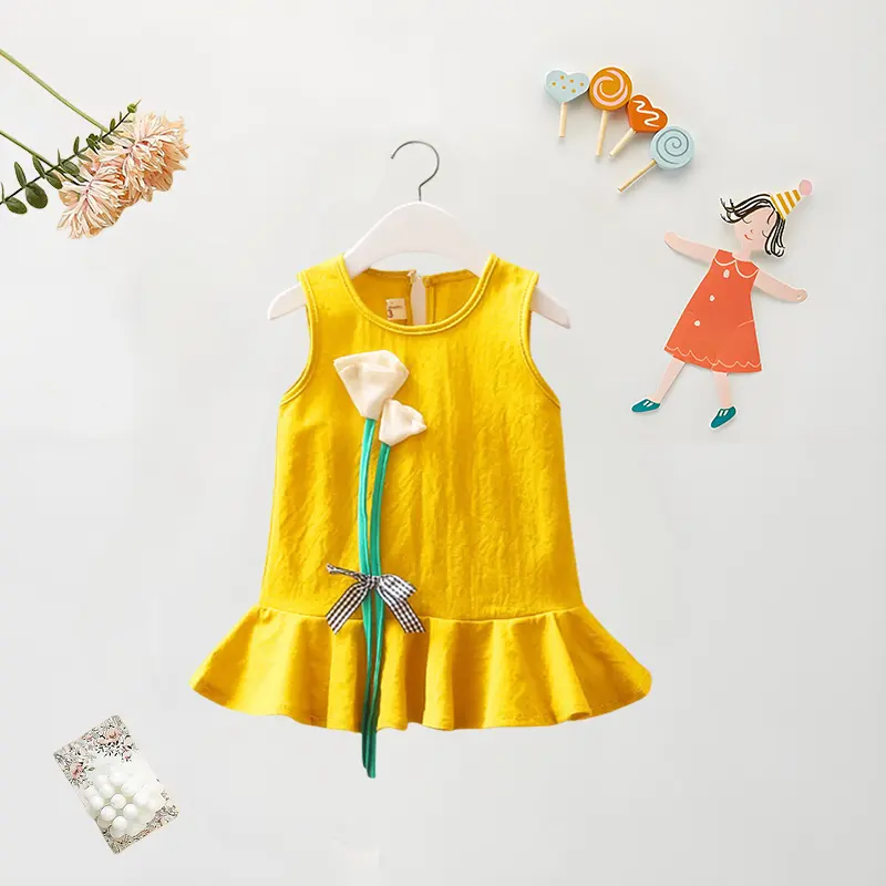 Summer Baby Girl Dress Baby Girl 3D Flower Solid Color Cotton Sleeveless Beach Dress Cute Sleeveless Princess Dress (0-2)