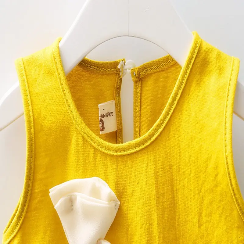 Summer Baby Girl Dress Baby Girl 3D Flower Solid Color Cotton Sleeveless Beach Dress Cute Sleeveless Princess Dress (0-2)