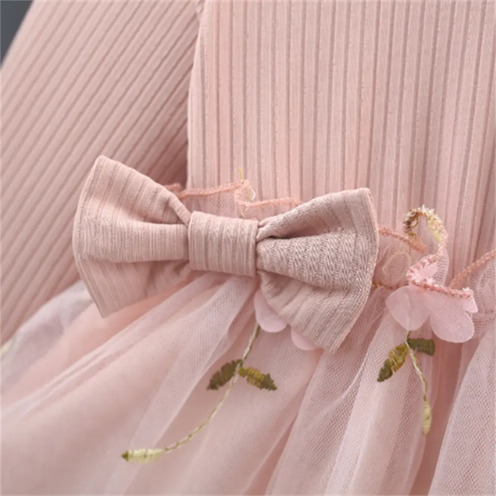 Long Sleeved Girls' Dress Spring And Autumn Baby Girl Double Bow Splicing Flower Embroidery Mesh Princess Dress