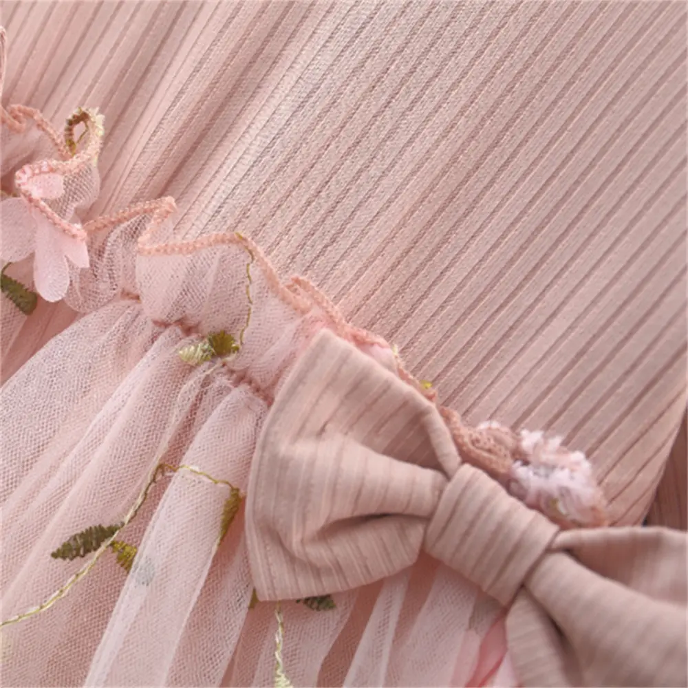 Long Sleeved Girls' Dress Spring And Autumn Baby Girl Double Bow Splicing Flower Embroidery Mesh Princess Dress