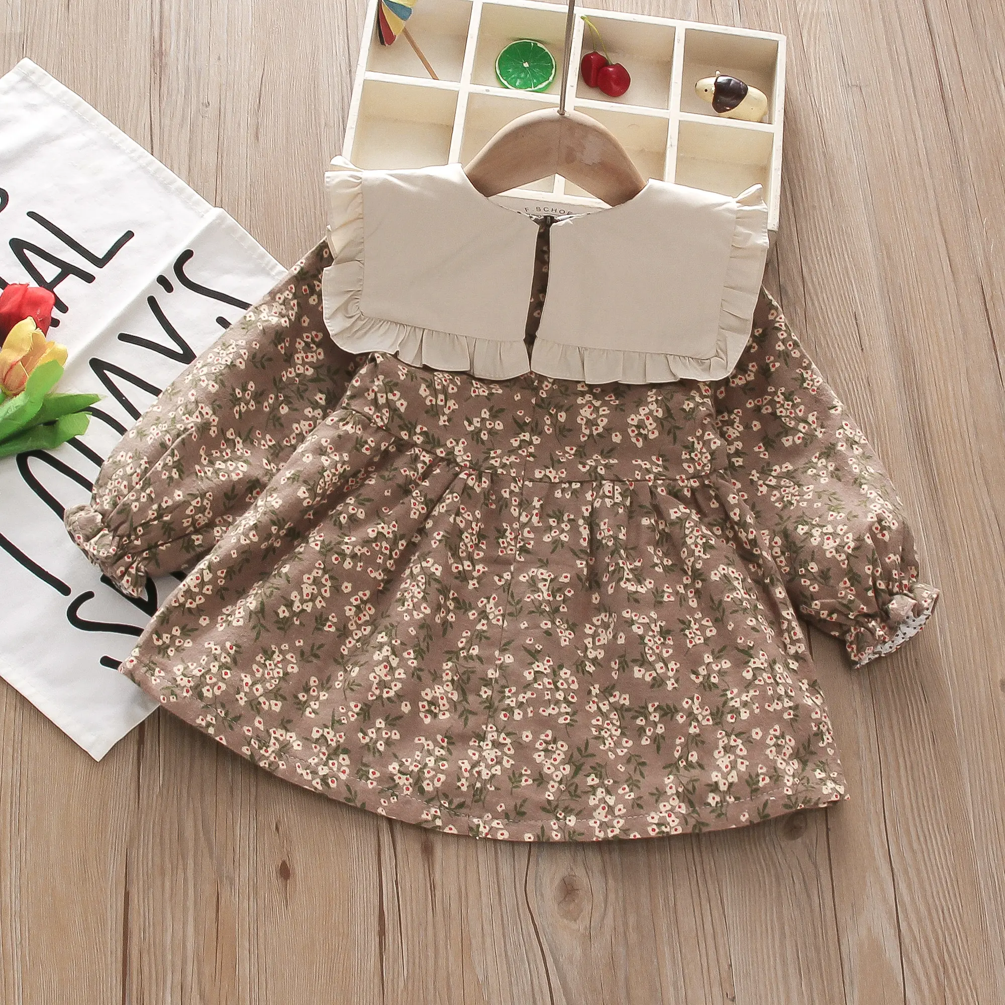 Children's Long sleeved Dress Spring and Autumn Girl Baby Solid Color Round Neck Fragmented Flower Bow Princess Dress