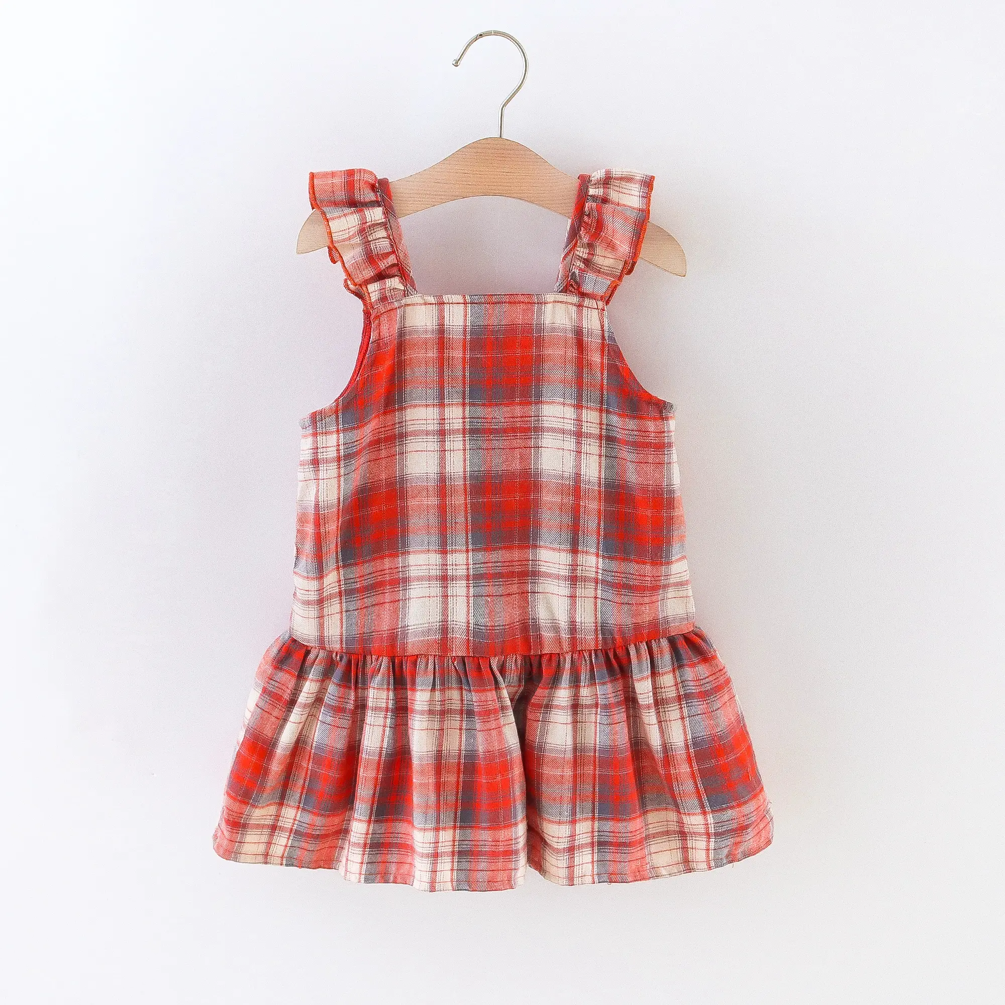 Summer girl's suspender dress children's casual versatile plaid ruffle edge sleeveless suspender dress