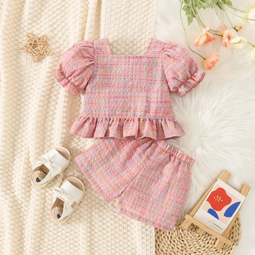 Baby Clothes Girl Top Shorts 2 Pieces Set Pleated Square Collar Lantern Sleeves Checkered Sweet Style Summer Children Clothes