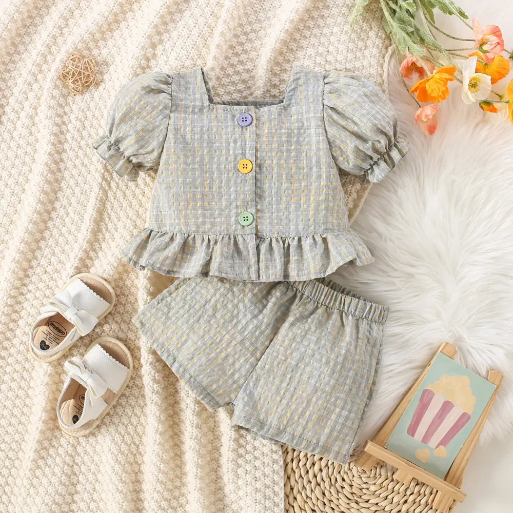 Baby Clothes Girl Top Shorts 2 Pieces Set Pleated Square Collar Lantern Sleeves Checkered Sweet Style Summer Children Clothes