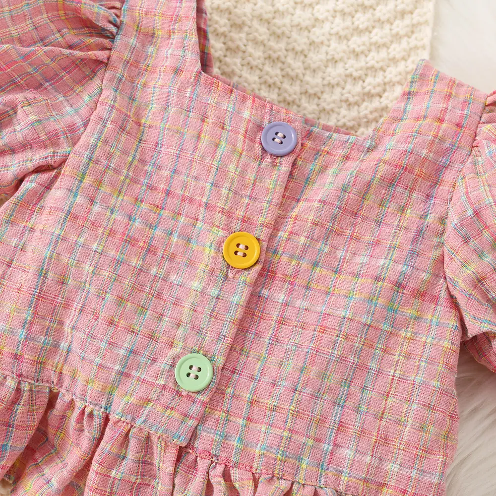Baby Clothes Girl Top Shorts 2 Pieces Set Pleated Square Collar Lantern Sleeves Checkered Sweet Style Summer Children Clothes