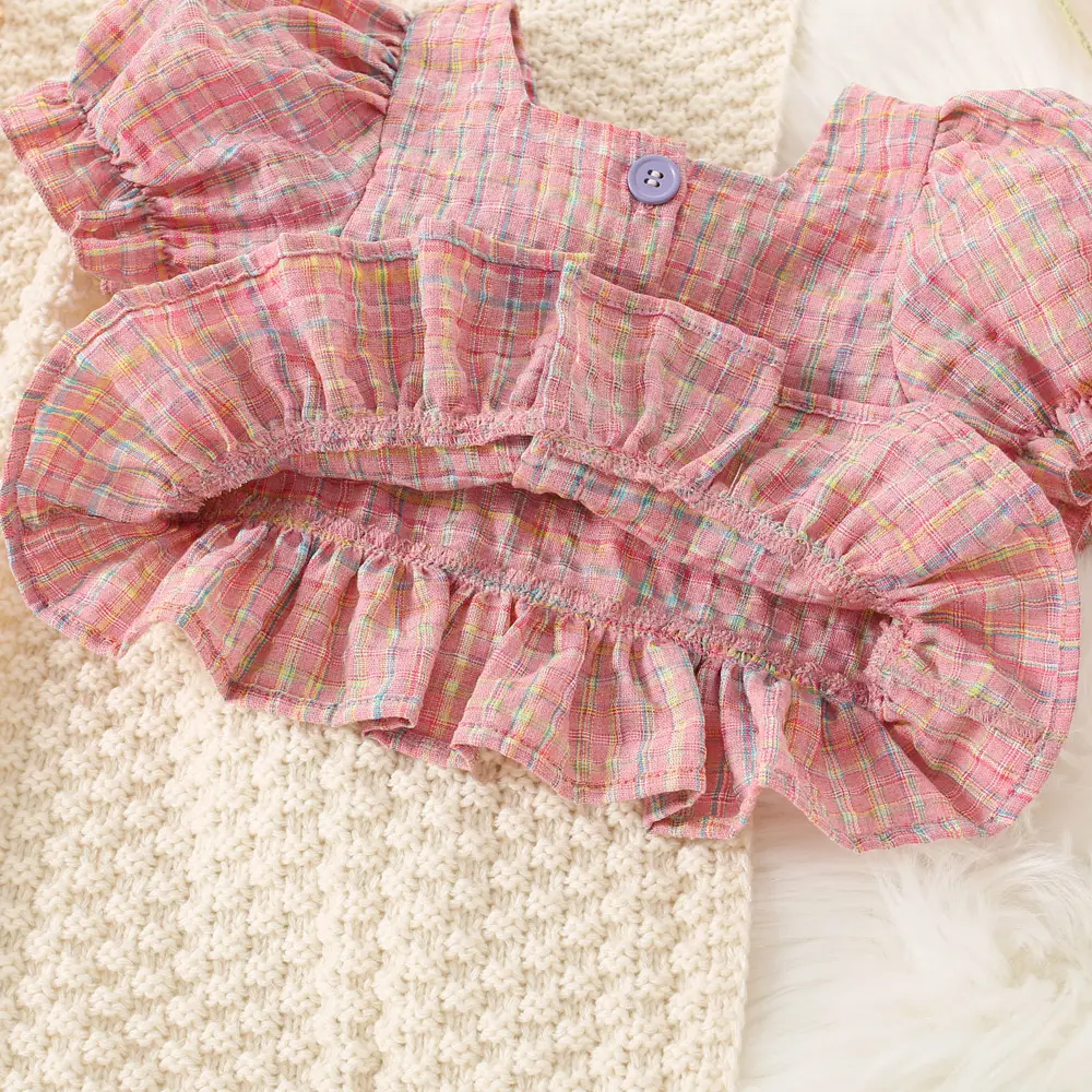Baby Clothes Girl Top Shorts 2 Pieces Set Pleated Square Collar Lantern Sleeves Checkered Sweet Style Summer Children Clothes