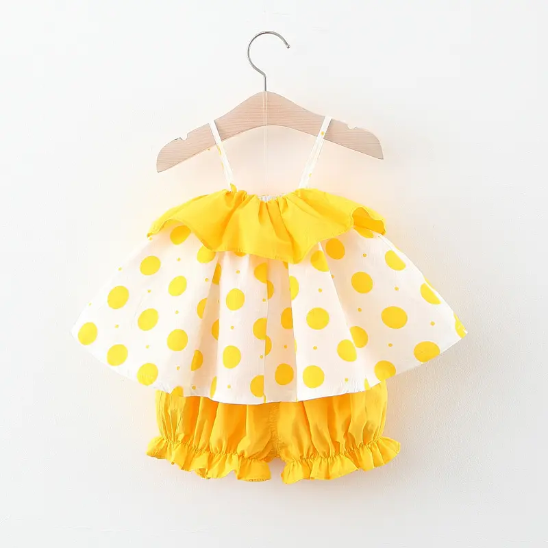 2 pieces/set summer girl strap set girl baby strawberry dot printed strap top solid color flower bud pants set