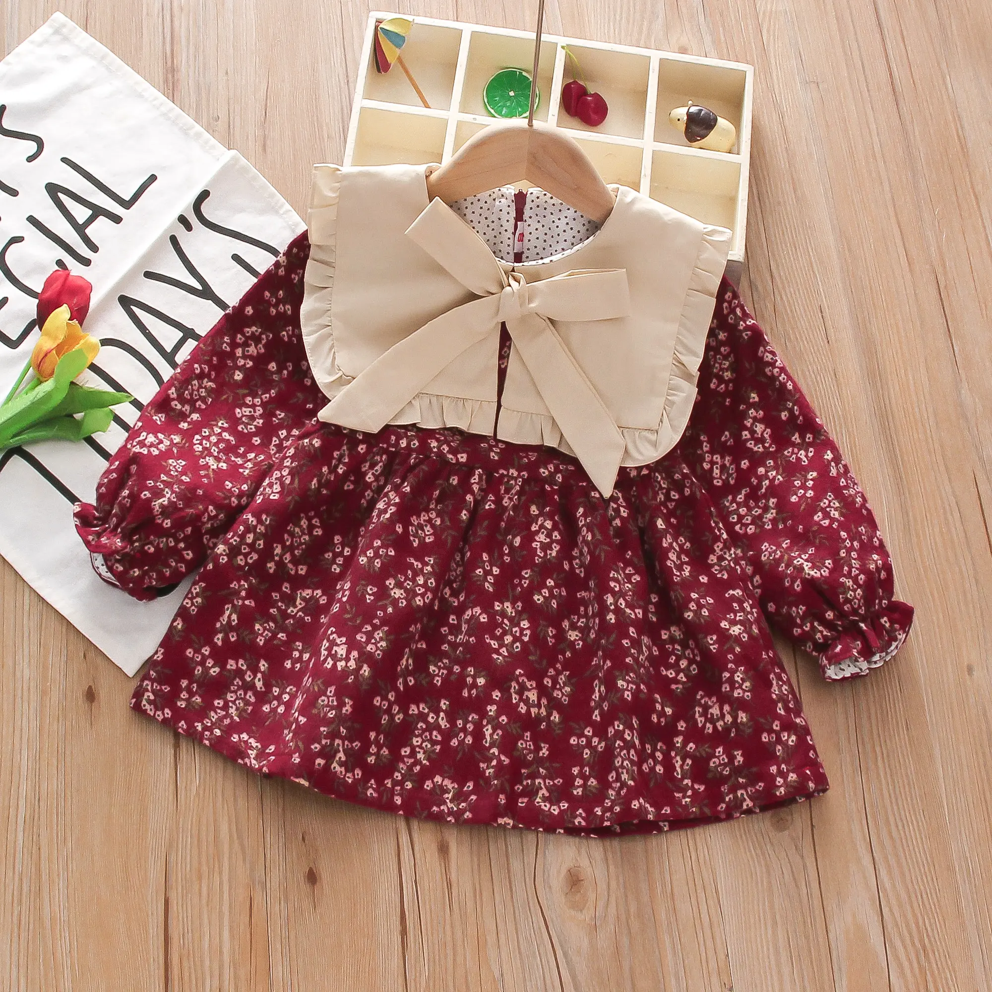 Children's Long sleeved Dress Spring and Autumn Girl Baby Solid Color Round Neck Fragmented Flower Bow Princess Dress