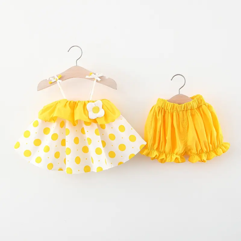2 pieces/set summer girl strap set girl baby strawberry dot printed strap top solid color flower bud pants set