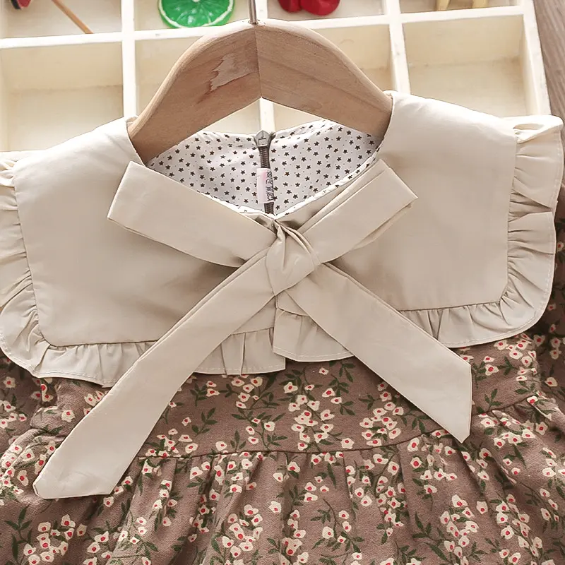 Children's Long sleeved Dress Spring and Autumn Girl Baby Solid Color Round Neck Fragmented Flower Bow Princess Dress