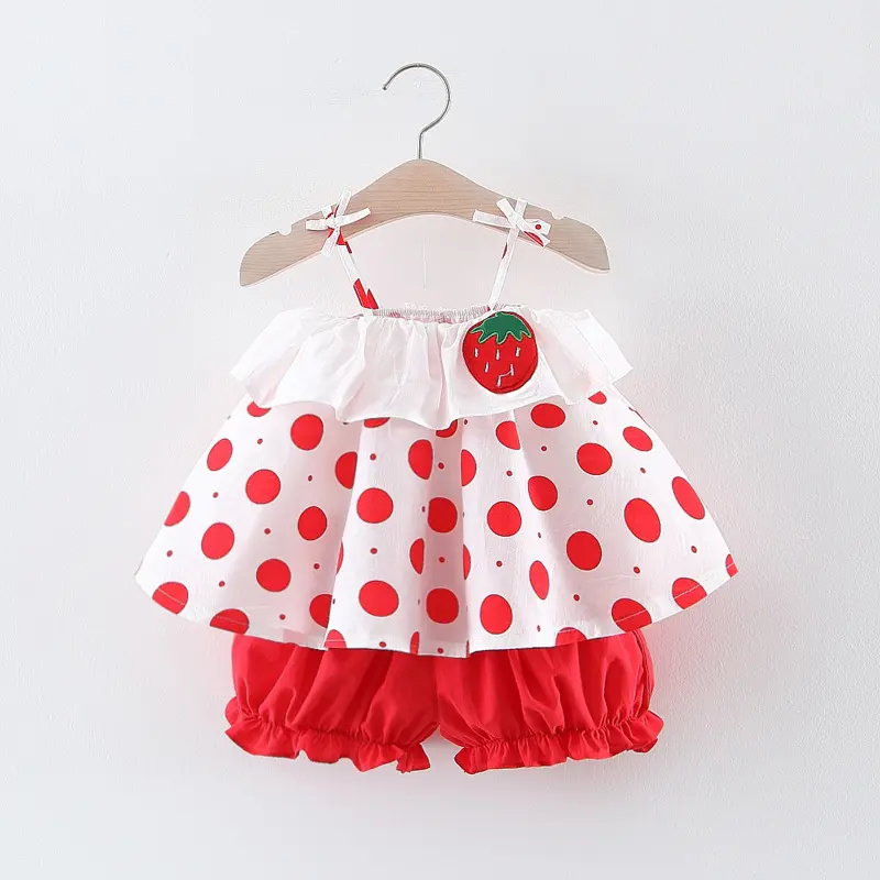 2 pieces/set summer girl strap set girl baby strawberry dot printed strap top solid color flower bud pants set