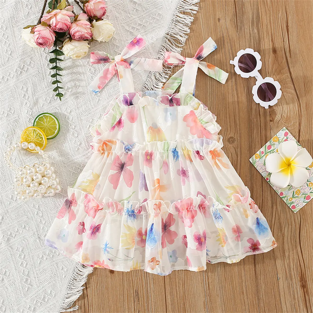 Girl's suspender dress, summer baby girl bow, floral floral thousand layer suspender princess dress