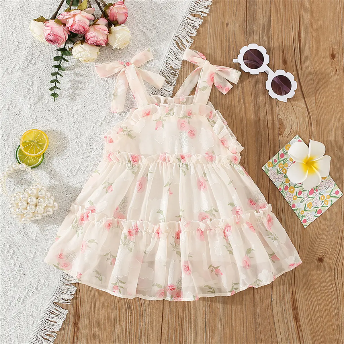 Girl's suspender dress, summer baby girl bow, floral floral thousand layer suspender princess dress