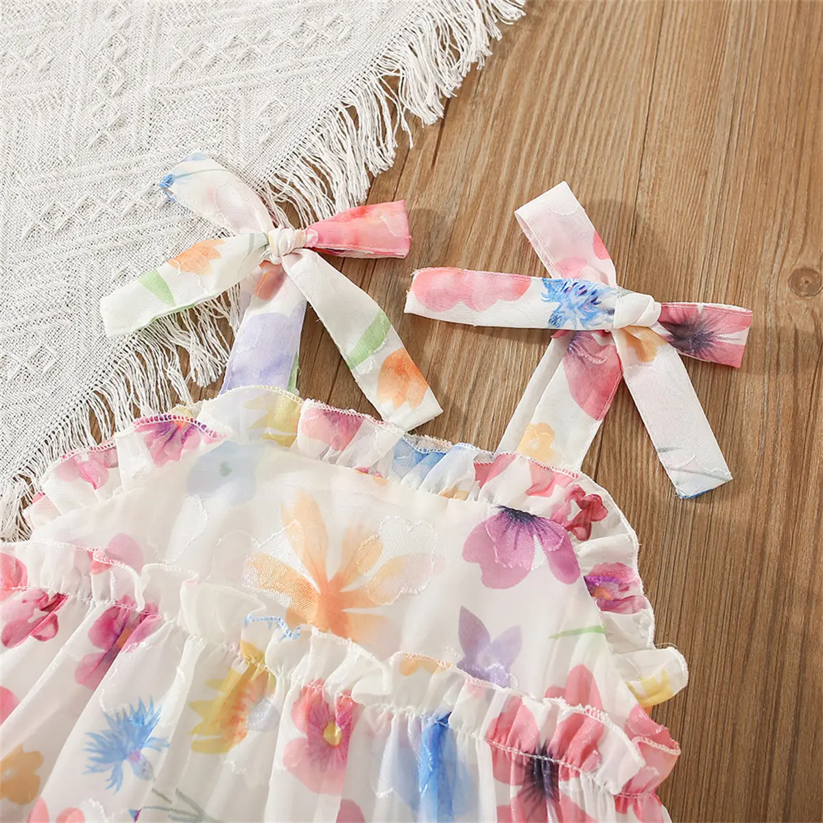 Girl's suspender dress, summer baby girl bow, floral floral thousand layer suspender princess dress