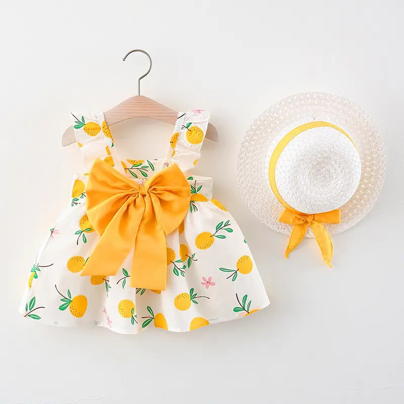 Girls' pleated sleeves summer dress 2 pieces of fruit pattern printed princess dress girls' big bow dress and hat set