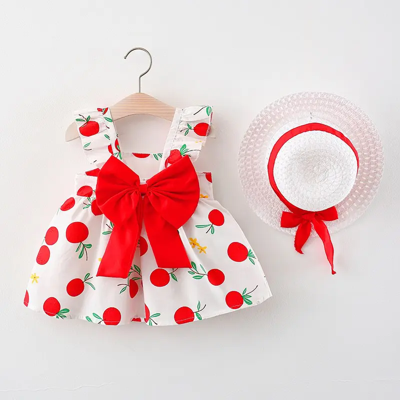 Girls' pleated sleeves summer dress 2 pieces of fruit pattern printed princess dress girls' big bow dress and hat set