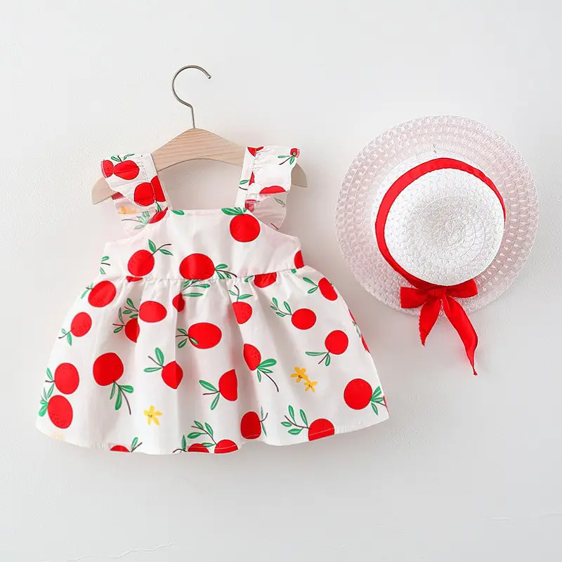 Girls' pleated sleeves summer dress 2 pieces of fruit pattern printed princess dress girls' big bow dress and hat set