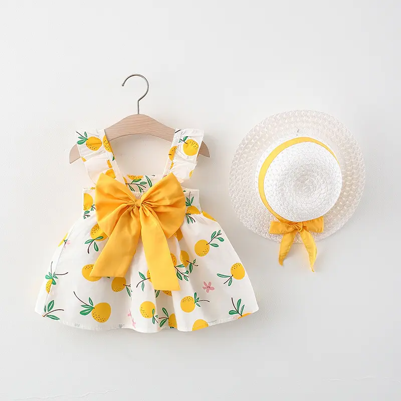 Girls' pleated sleeves summer dress 2 pieces of fruit pattern printed princess dress girls' big bow dress and hat set