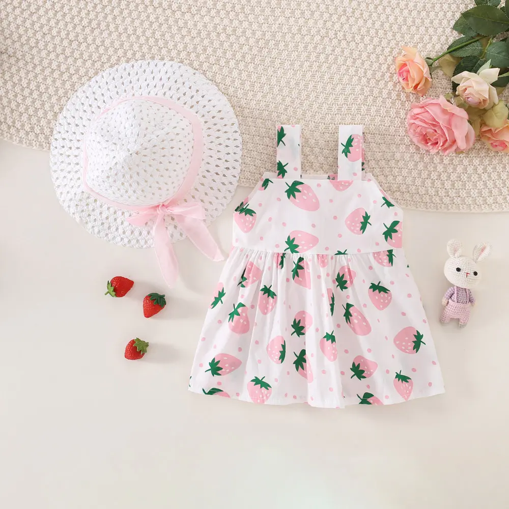Summer Baby Girl Dress Hat 2/Piece Set Girls' Small Round Dot Strawberry Printed Front Bow Daily Casual Dress