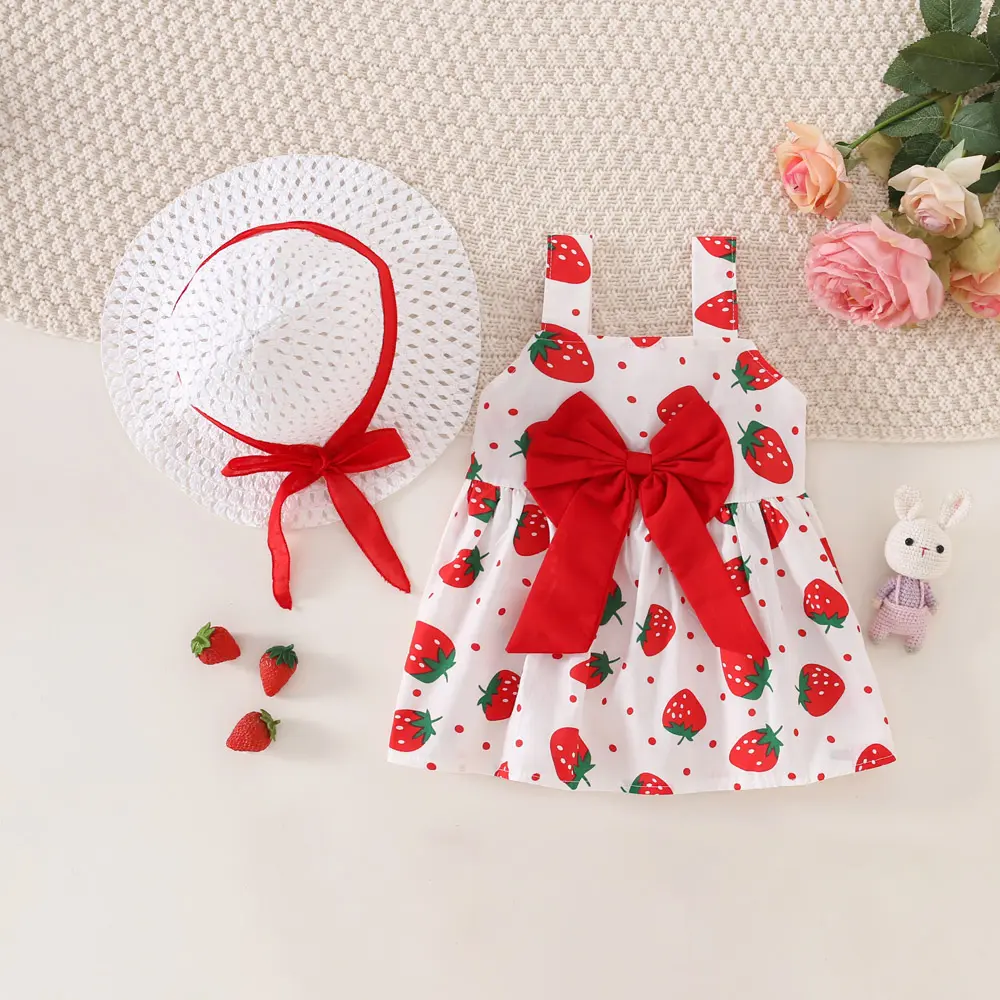 Summer Baby Girl Dress Hat 2/Piece Set Girls' Small Round Dot Strawberry Printed Front Bow Daily Casual Dress